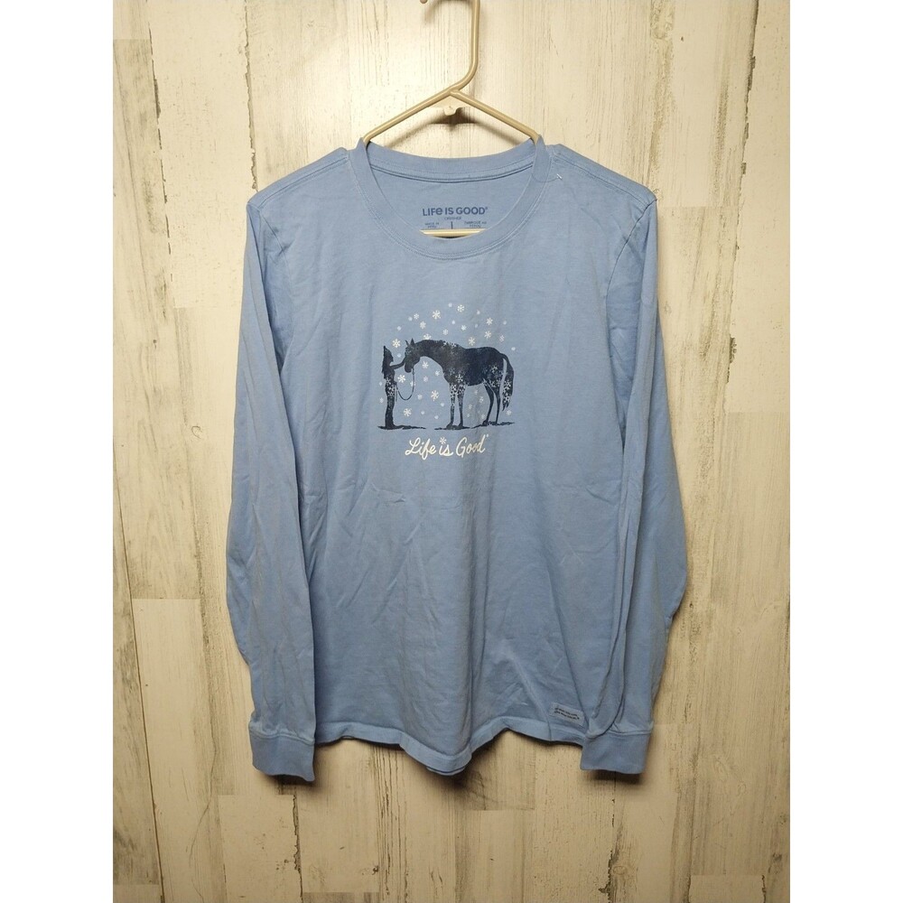 Women's Life is Good Holiday Horse LS Crusher Tee Large Blue